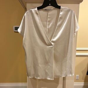 Zara Ivory Satin V-Neck Top